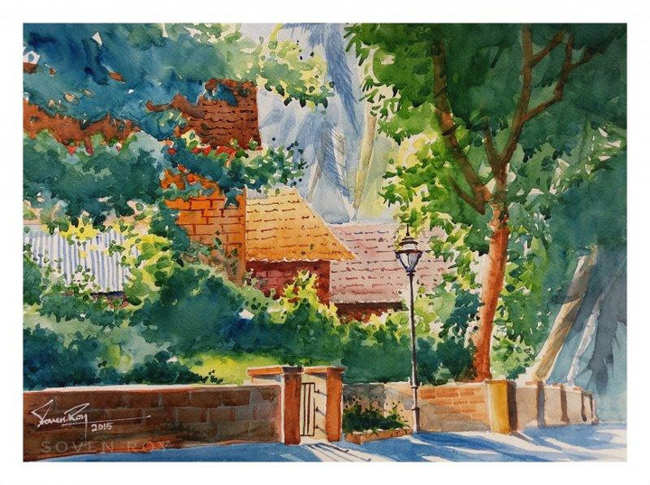 Landscape watercolor painting titled 'Home Among Trees', 16x12 inches, by artist Soven Roy on Paper