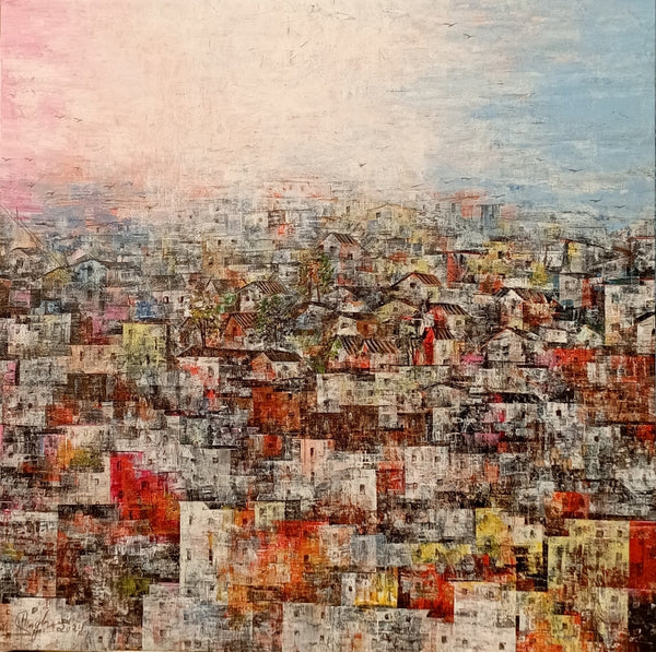 Cityscape acrylic painting titled 'Home Town 11', 24x24 inch, by artist M Singh on Canvas