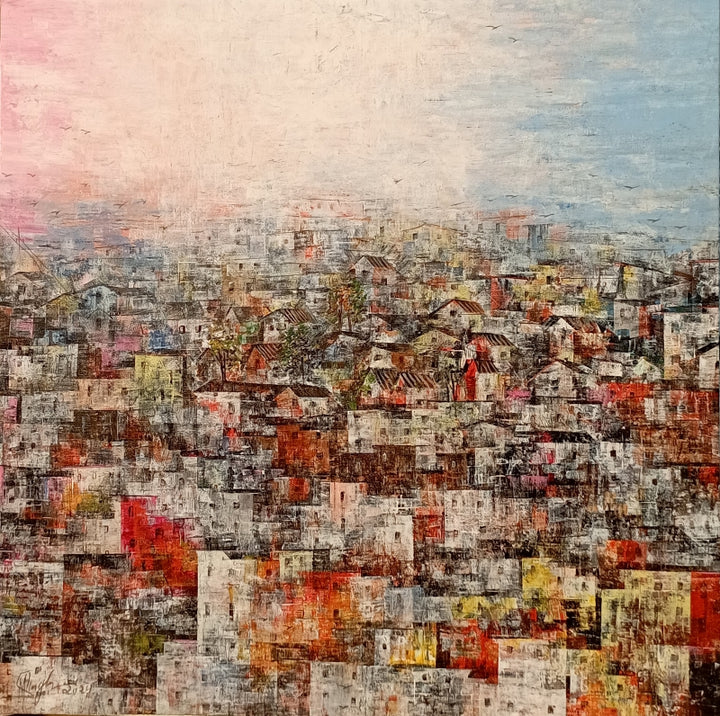 Cityscape acrylic painting titled 'Home Town 11', 24x24 inch, by artist M Singh on Canvas