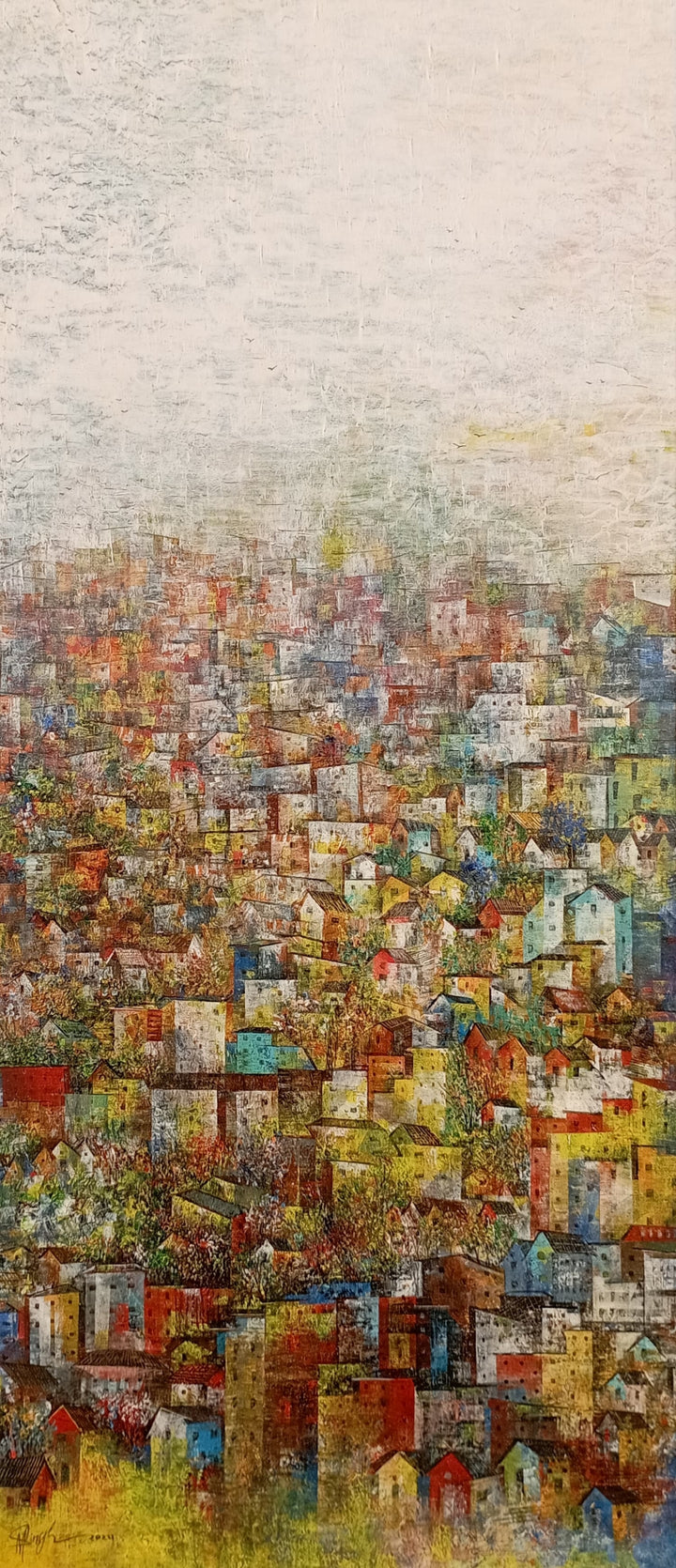 Cityscape acrylic painting titled 'Home Town 12', 60x26 inch, by artist M Singh on Canvas