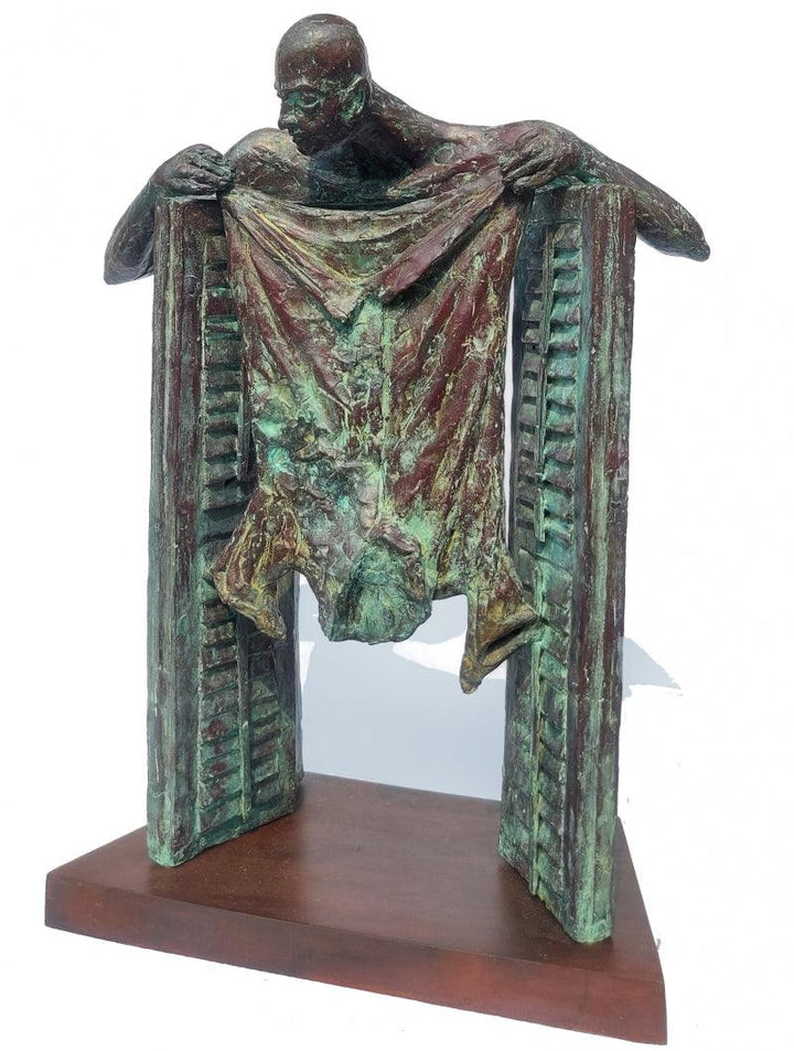 Figurative sculpture titled 'Home Work', 22x17x8 inches, by artist Rakesh Sadhak on Metal, Wood