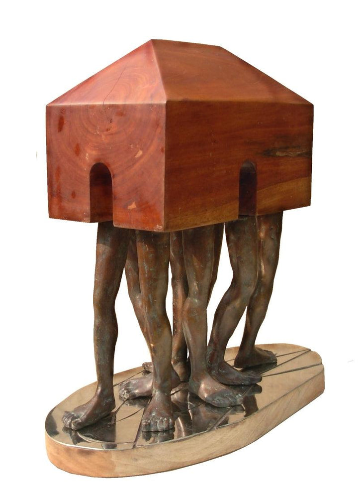 contemporary sculpture titled 'Homeless', 16x15x8 inches, by artist Rakesh Sadhak on Wood, Bronze