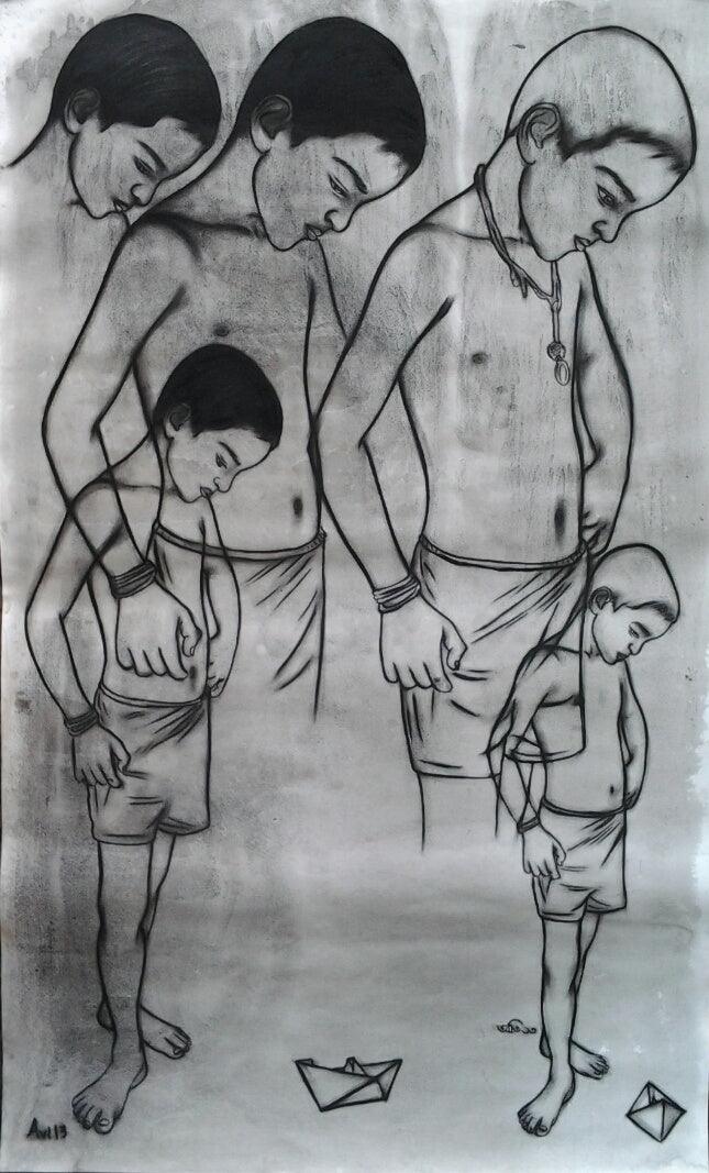 Figurative ink pastel drawing titled 'Hope To Meet At Infinity 7', 60x36 inches, by artist Avi Roy on Fabriano Paper