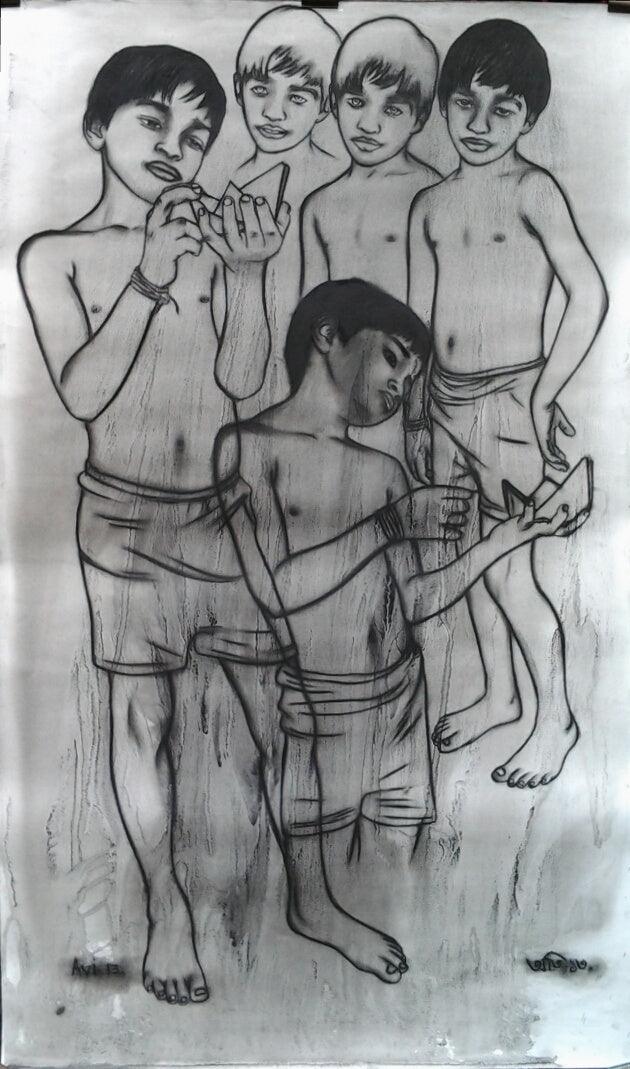 Figurative ink pastel drawing titled 'Hope To Meet At Infinity 8', 60x36 inches, by artist Avi Roy on Fabriano Paper