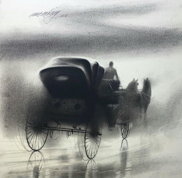 Animals charcoal painting titled 'Horse Carriage 7', 14x20 inches, by artist Ganesh Hire on Paper