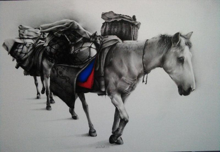 Animals charcoal drawing titled 'Horse Carrier', 30x48 inches, by artist Yuvraj Patil on Canvas