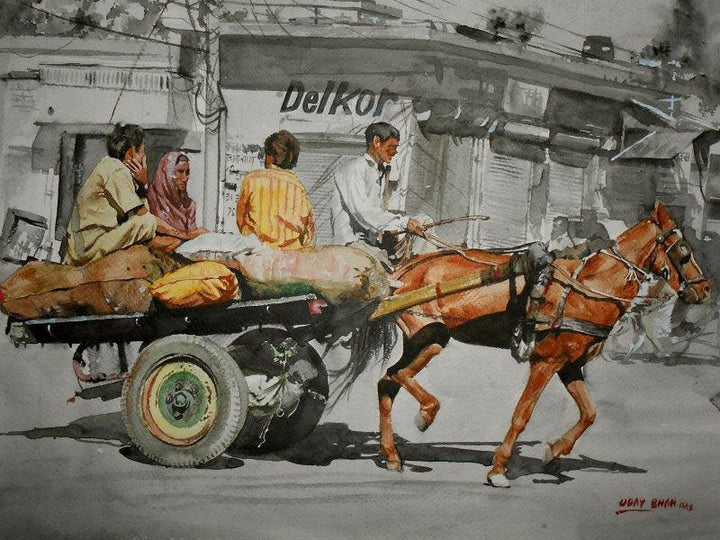 Lifestyle watercolor painting titled 'Horse Cart ', 16x13 inches, by artist Dr.uday Bhan on paper