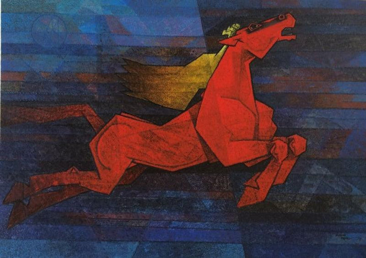 Animals acrylic painting titled 'Horse Charging Forward', 42x30 inches, by artist Dinkar Jadhav on Canvas