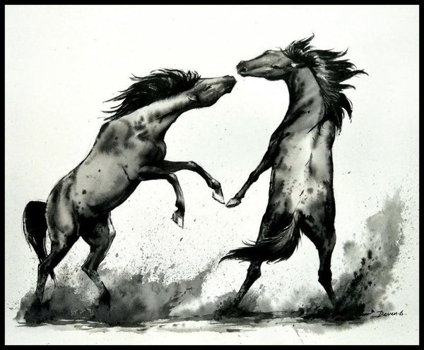 Animals ink watercolor painting titled 'Horse Competition 01', 11x15 inches, by artist Deven Ramesh Bhosale on Paper