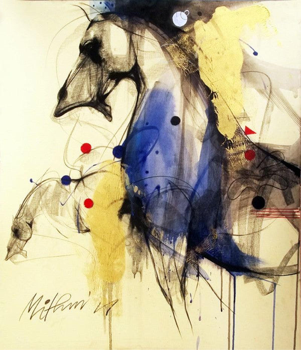 Animals mixed media painting titled 'Horse I', 25x30 inches, by artist Mithun Dutta on Board