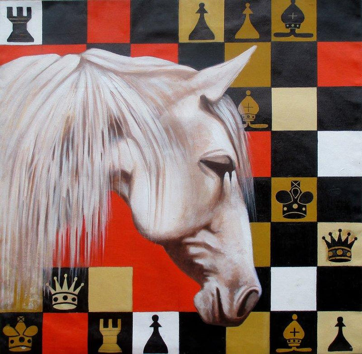 Pop Art acrylic painting titled 'Horse In Chess03', 33x32 inches, by artist Mithu Biwas on Canvas