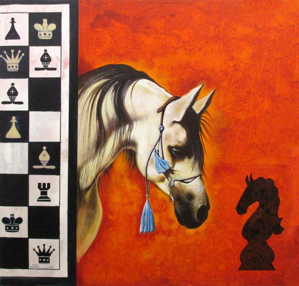 Pop Art acrylic painting titled 'Horse In Chess05', 34x32 inches, by artist Mithu Biwas on Canvas