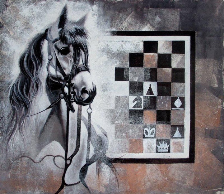 Pop Art acrylic painting titled 'Horse In Chess11', 43x37 inches, by artist Mithu Biwas on Canvas