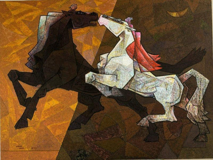 Animals acrylic painting titled 'Horse Indecent Love', 36x48 inches, by artist Dinkar Jadhav on Canvas