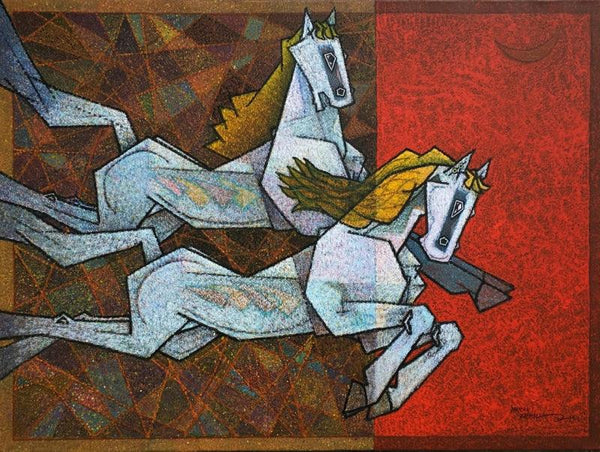 Animals acrylic painting titled 'Horse Love Has No Limits 4', 36x48 inches, by artist Dinkar Jadhav on Canvas