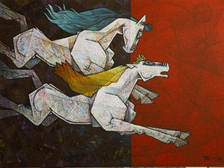 Animals acrylic painting titled 'Horse Love Has No Limits', 36x48 inches, by artist Dinkar Jadhav on Canvas