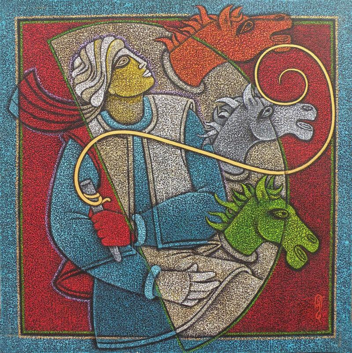 Figurative acrylic painting titled 'Horse Rider II', 30x30 inches, by artist Satyajeet Shinde on Canvas