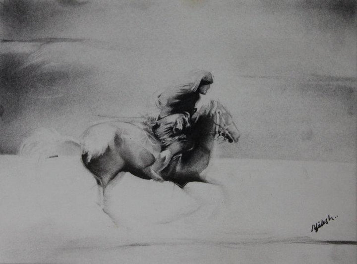 Animals charcoal drawing titled 'Horse Riding', 9x11 inches, by artist NILESH GAVALE on Paper