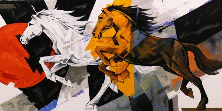 Animals acrylic painting titled 'Horse Series 159', 30x60 inches, by artist Devidas Dharmadhikari on Canvas