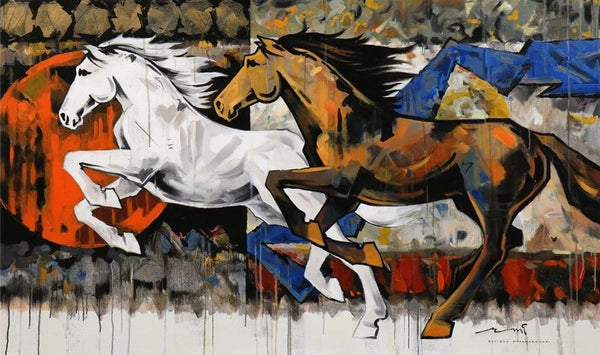 Animals acrylic painting titled 'Horse Series 164', 36x60 inches, by artist Devidas Dharmadhikari on Canvas