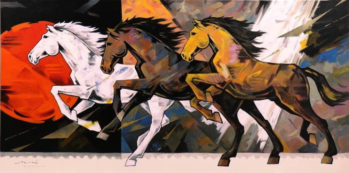 Animals acrylic painting titled 'Horse Series 184', 96x48 inches, by artist Devidas Dharmadhikari on Canvas