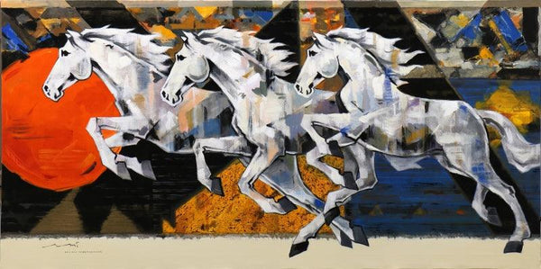 Animals acrylic painting titled 'Horse Series 202', 72x36 inches, by artist Devidas Dharmadhikari on Canvas