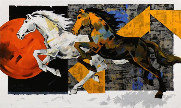 Animals acrylic painting titled 'Horse Series 205', 60x36 inches, by artist Devidas Dharmadhikari on Canvas