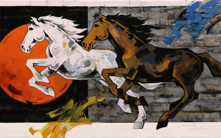 Animals acrylic painting titled 'Horse Series 211', 48x30 inches, by artist Devidas Dharmadhikari on Canvas