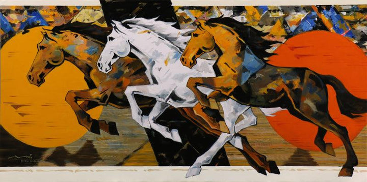 Animals acrylic painting titled 'HORSE SERIES 217', 72x36 inches, by artist Devidas Dharmadhikari on Canvas