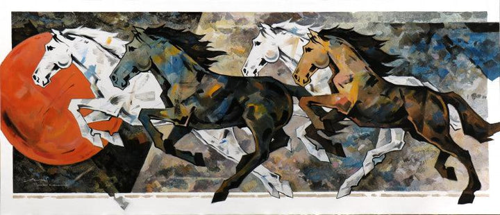 Animals acrylic painting titled 'HORSE SERIES 226', 84x36 inches, by artist Devidas Dharmadhikari on Canvas