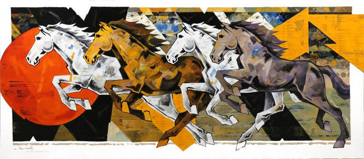 Animals acrylic painting titled 'HORSE SERIES 238', 96x42 inches, by artist Devidas Dharmadhikari on Canvas