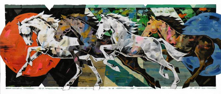 Animals acrylic painting titled 'HORSE SERIES 241', 84x36 inches, by artist Devidas Dharmadhikari on Canvas