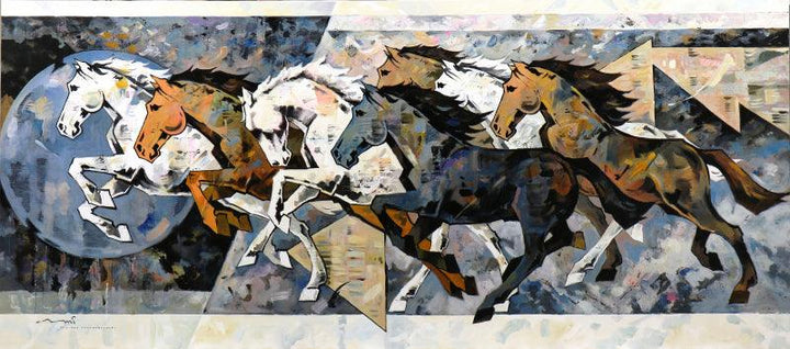 Animals acrylic painting titled 'HORSE SERIES 250', 108x48 inches, by artist Devidas Dharmadhikari on Canvas