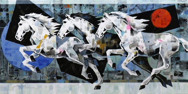 Figurative acrylic painting titled 'Horse Series 258', 36x72 inch, by artist Devidas Dharmadhikari on Canvas