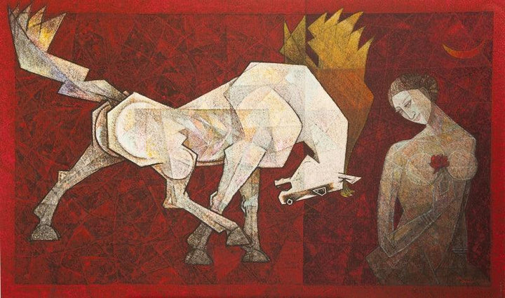 Animals acrylic painting titled 'Horse Waiting', 36x60 inches, by artist Dinkar Jadhav on Canvas