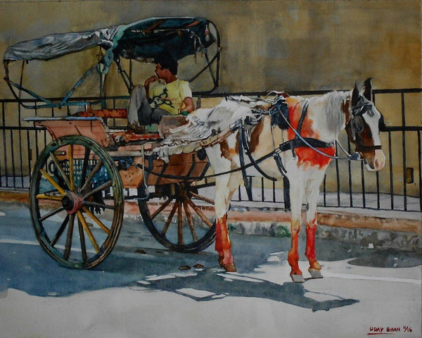 Lifestyle watercolor painting titled 'HORSECART', 15x12 inches, by artist Dr.uday Bhan on Paper