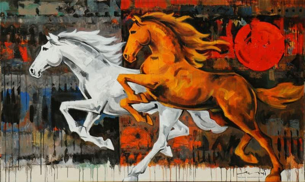 Animals acrylic painting titled 'Horses 124 60x36', 60x36 inches, by artist Devidas Dharmadhikari on Canvas