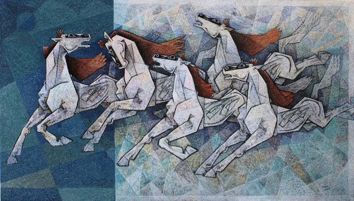 Animals acrylic painting titled 'Horses 2', 48x72 inches, by artist Dinkar Jadhav on Canvas