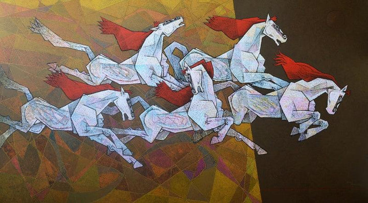 Animals acrylic painting titled 'Horses 3', 60x108 inches, by artist Dinkar Jadhav on Canvas