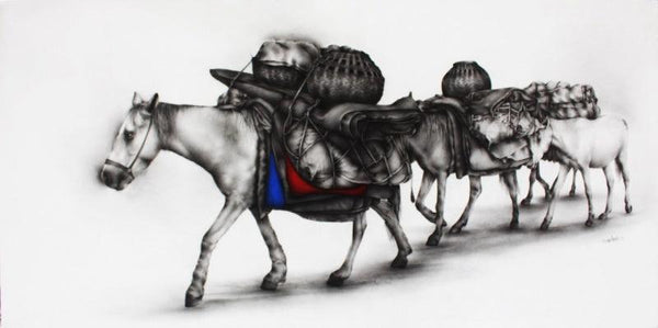 Animals charcoal drawing titled 'Horses', 36x72 inches, by artist Yuvraj Patil on Canvas