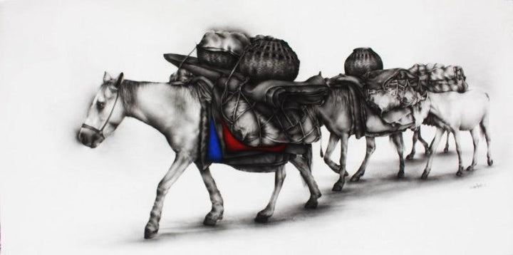 Animals charcoal drawing titled 'Horses', 36x72 inches, by artist Yuvraj Patil on Canvas