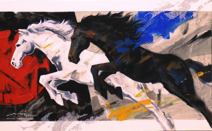 Animals acrylic painting titled 'Horses Charging Forward', 30x48 inches, by artist Devidas Dharmadhikari on Canvas