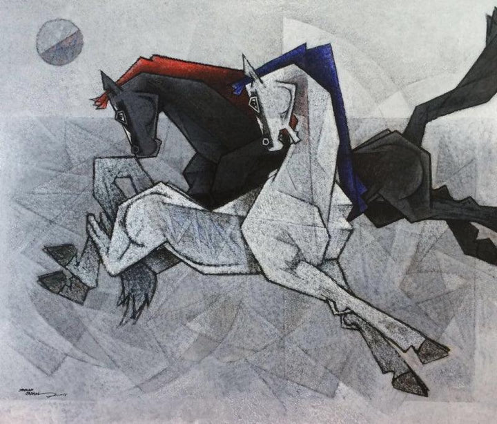 Animals acrylic painting titled 'Horses Dancing Under The Moon 1', 42x36 inches, by artist Dinkar Jadhav on Canvas