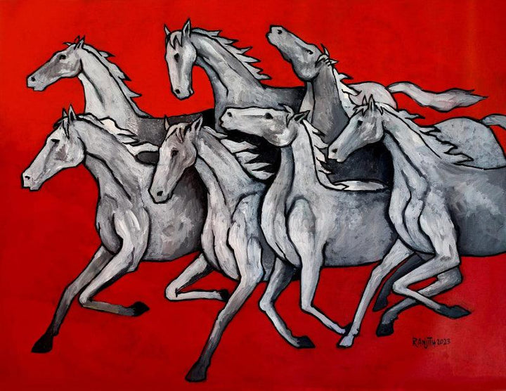 Animals acrylic painting titled 'Horses In Red', 24x31 inches, by artist Ranjith Raghupathy on Canvas