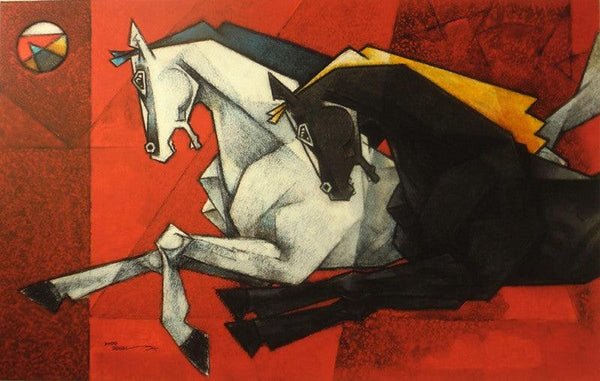 Animals acrylic painting titled 'Horses Life In The Flash Light XV', 48x30 inches, by artist Dinkar Jadhav on Canvas