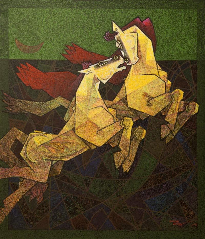 Animals acrylic painting titled 'Horses Live The Moment', 42x36 inches, by artist Dinkar Jadhav on Canvas