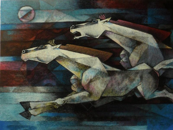 Animals acrylic painting titled 'Horses Power Of Speed', 48x36 inches, by artist Dinkar Jadhav on Canvas