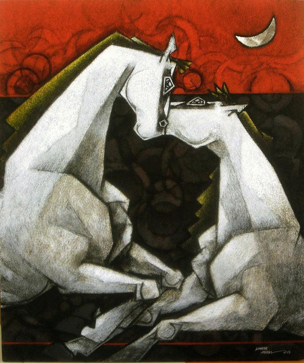 Animals acrylic painting titled 'Horses Waltzing In The Dream VI', 36x30 inches, by artist Dinkar Jadhav on Canvas