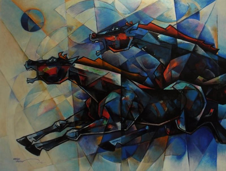 Animals acrylic painting titled 'Horses Waltzing In The Sky 4', 48x36 inches, by artist Dinkar Jadhav on Canvas