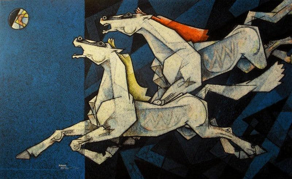 Animals acrylic painting titled 'Horses Waltzing In The Sky IX', 60x36 inches, by artist Dinkar Jadhav on Canvas